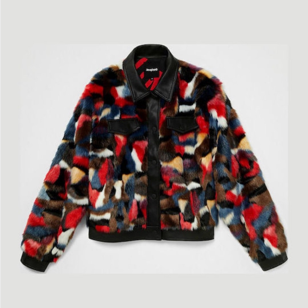 Desigual Multicolor Faux-Fur Jacket with Leather Trim - Picture 3 of 5